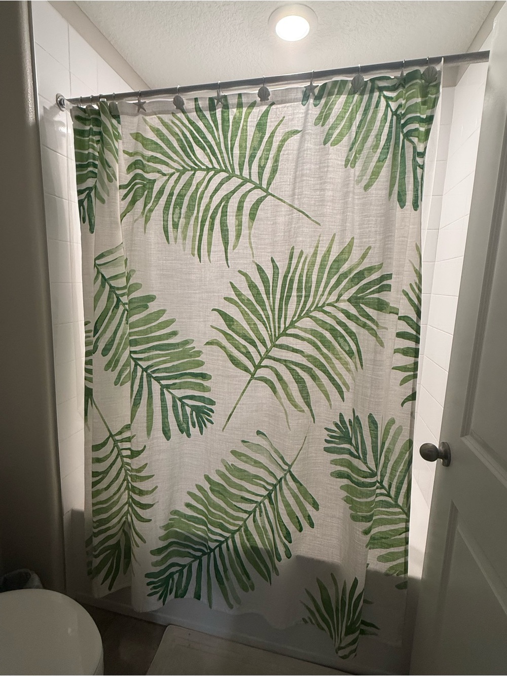 Tropical White & Green Palm Leaf Shower Curtain